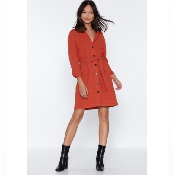NASTY GAL Long Sleeve Button Dress in Rust Size: 4 - Picture 1 of 11
